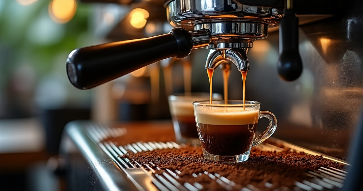 Espressomaschine mit Siebträger und frisch gebrühtem Espresso mit Crema