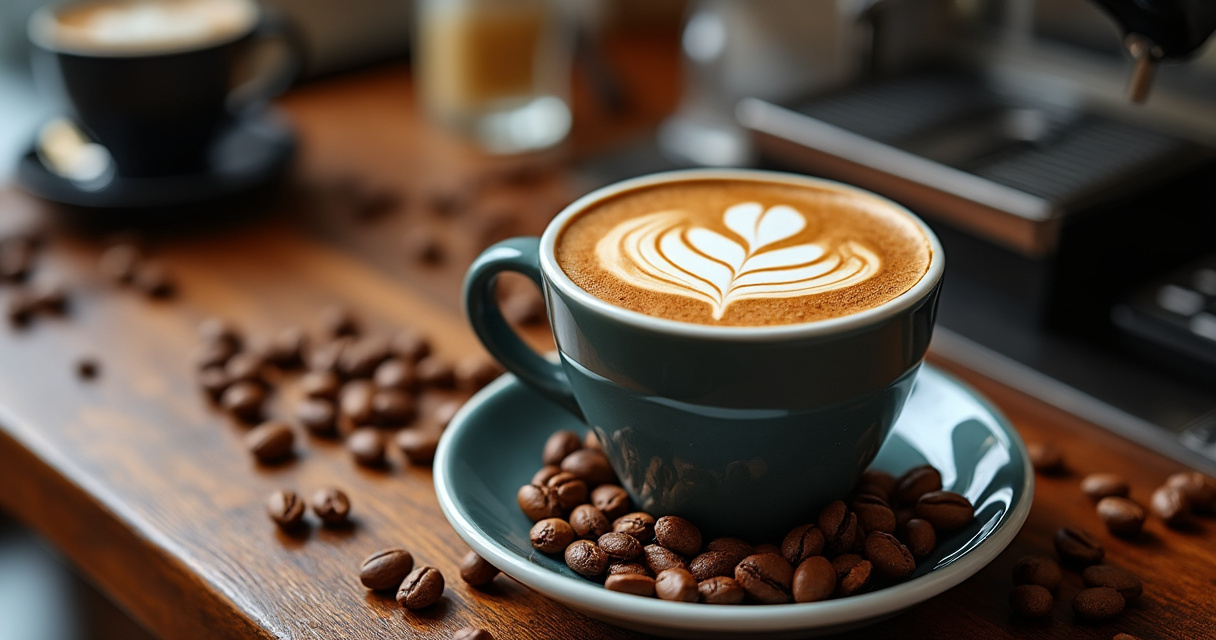 Kaffeebohnen, Handfilter und Tasse auf einem Tisch