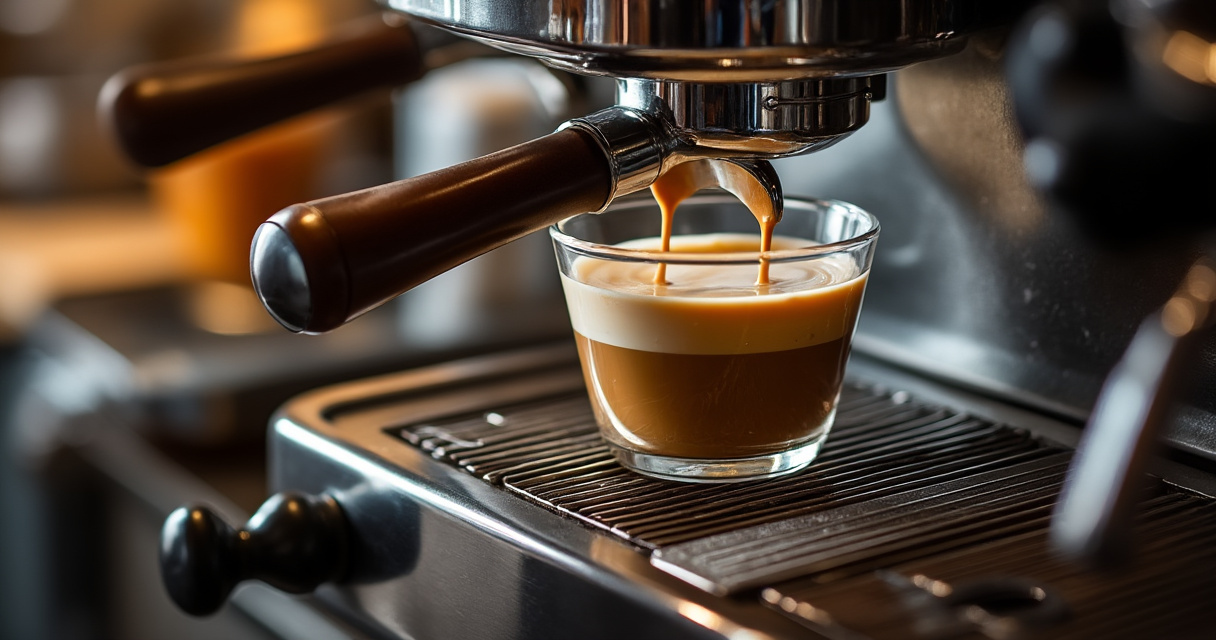 Siebträgermaschine mit frisch bezogenem Espresso und Crema